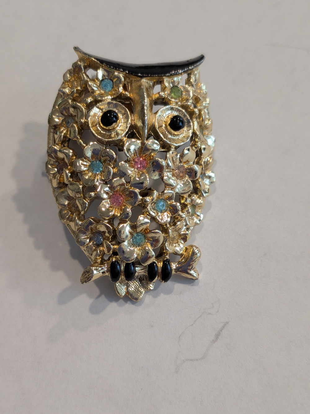 Gold Tone Floral Owl Brooch with Multicolor Accents Vintage